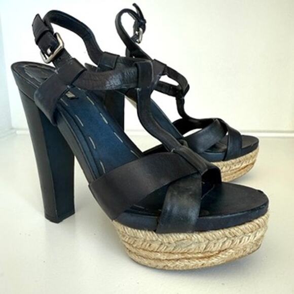 Miu Miu Platform Espadrille Sandals Navy Leather Strappy Heels Size 38 Italy - Picture 12 of 13